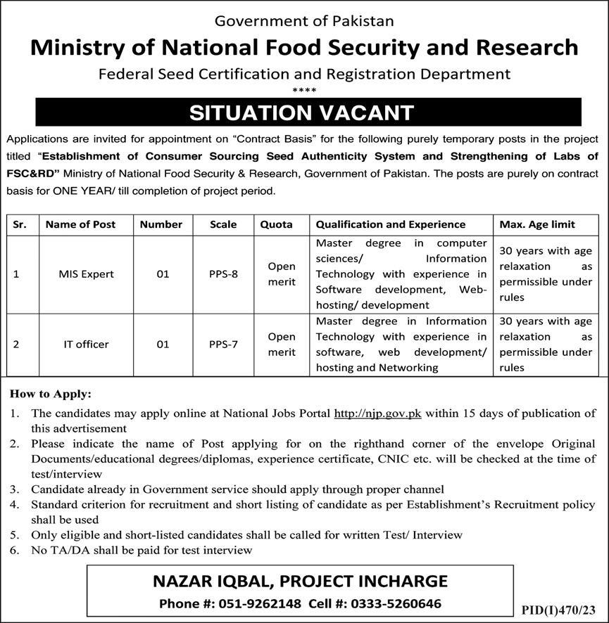 Jobs Announced by Ministry of National Food Security and Research- Pakistan Jobs Zone